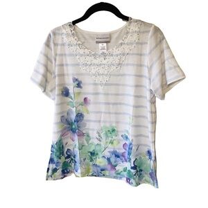 NEW Alfred Dunner Daydreamer Multicolor Striped and Floral Short Sleeve Top PS